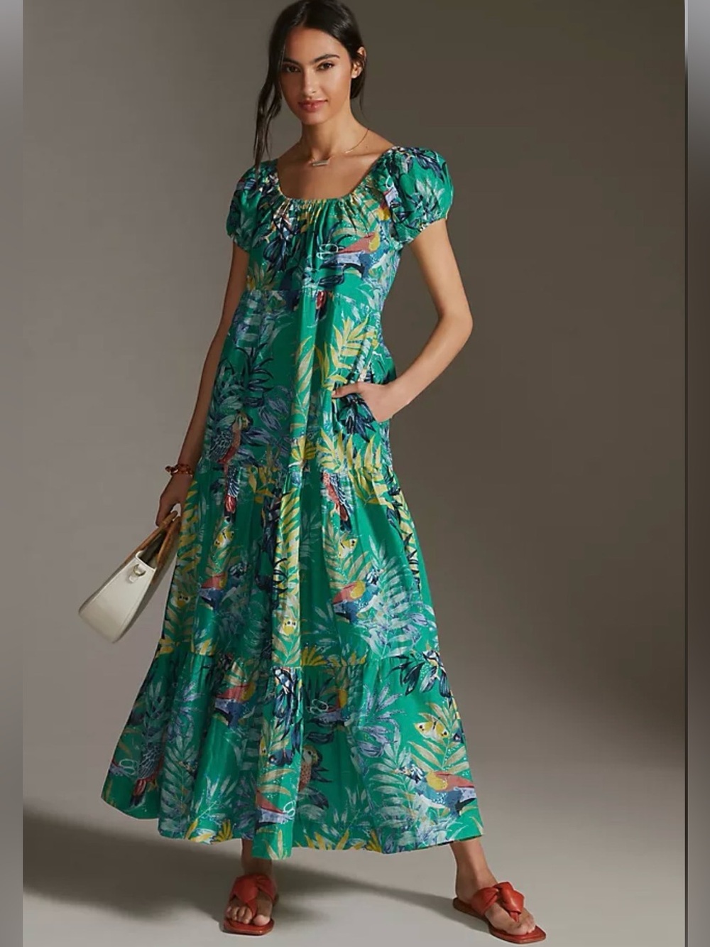 Anthropologie Maeve Maxi Dress M Green Gem Pockets Cotton Lined Tropical Tiered